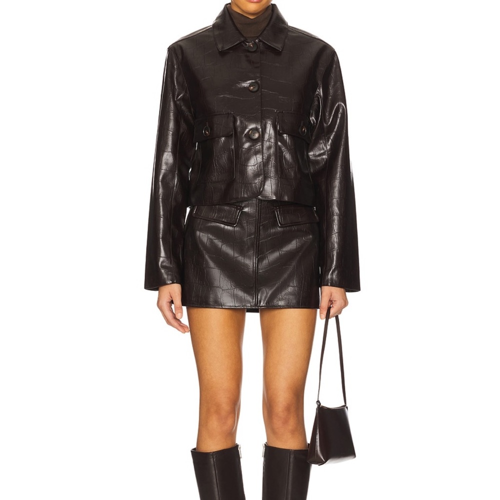 Rich Brown Faux Leather Cropped Jacket - Women (Worn once)